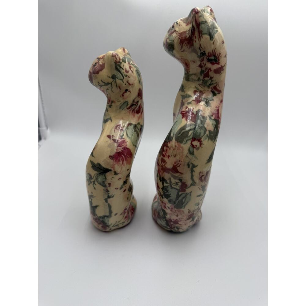 Vintage Floral Decoupage cat Figurines pair size 11 & 9 Cottagecore decor - Picture 5 of 6